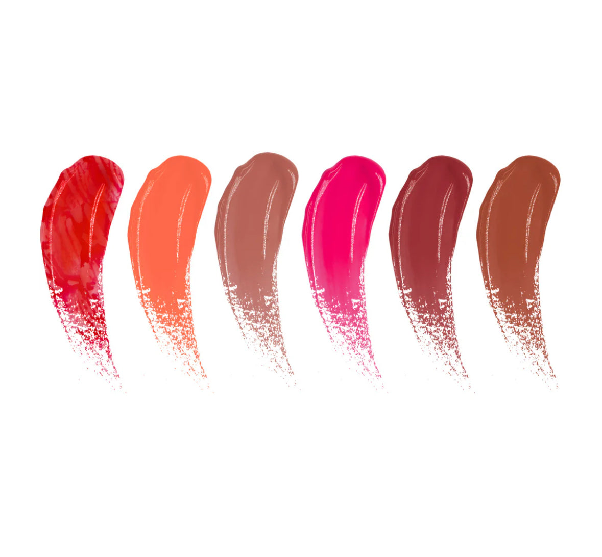 Set of six lip color swatches in red, orange, and brown shades on a white background