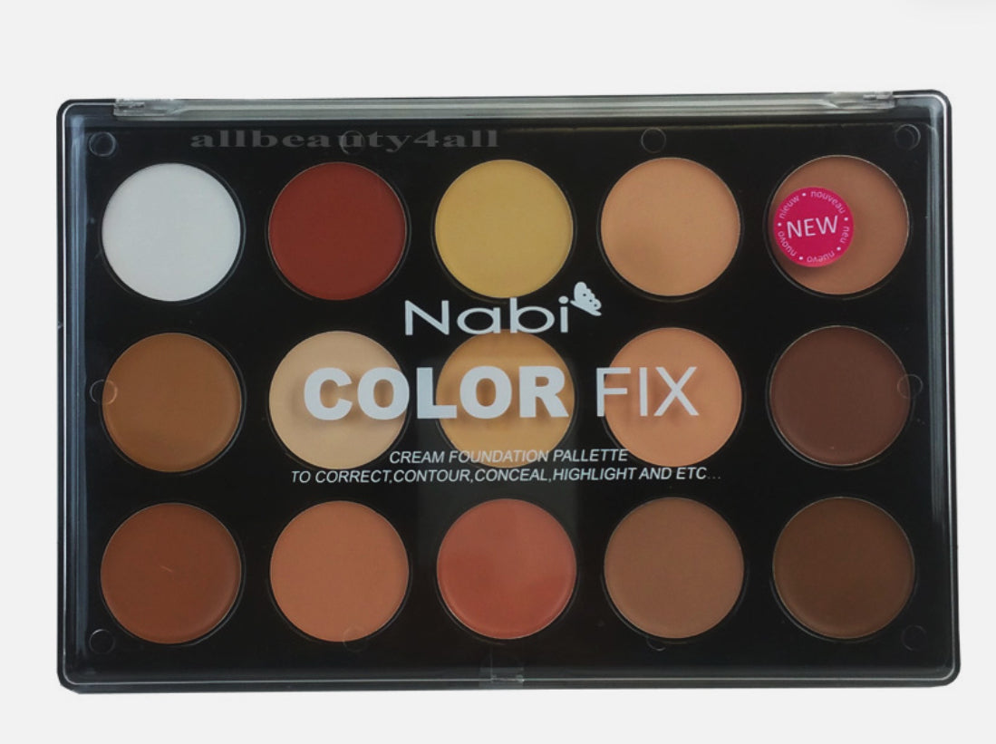 Makeup palette with various shades labeled 'Nabi Color Fix' on a white background