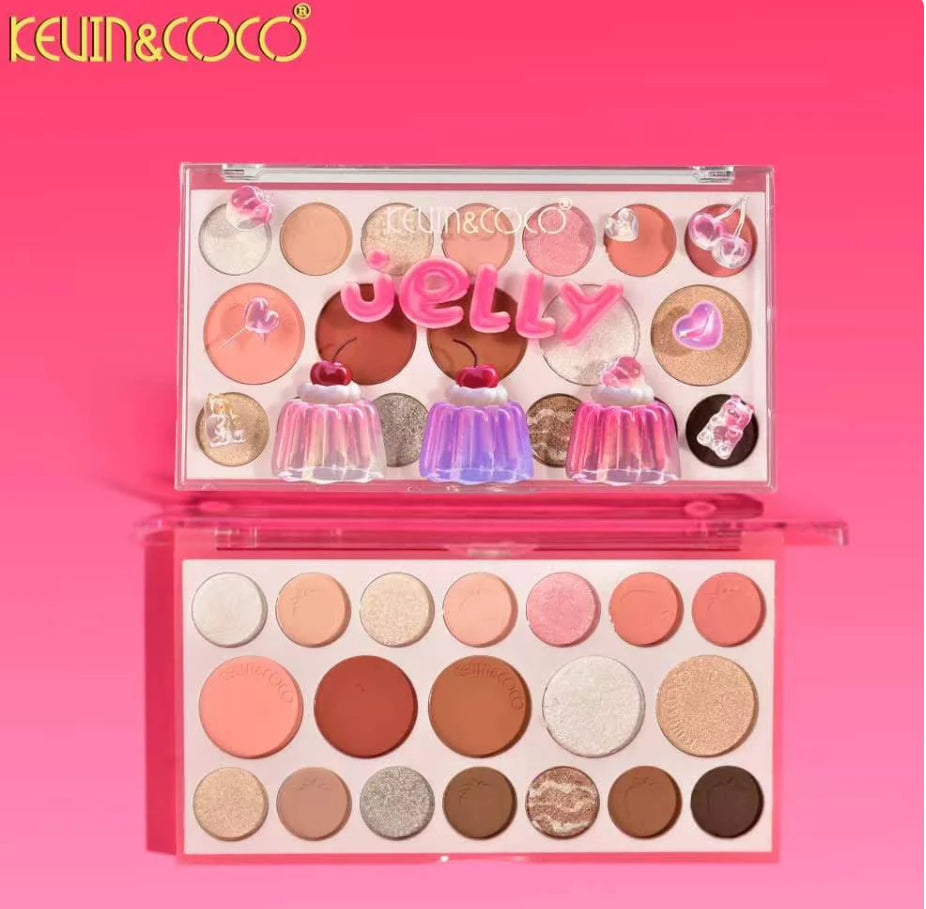 Makeup palette with 'KEVIN & COCO' branding on a pink background