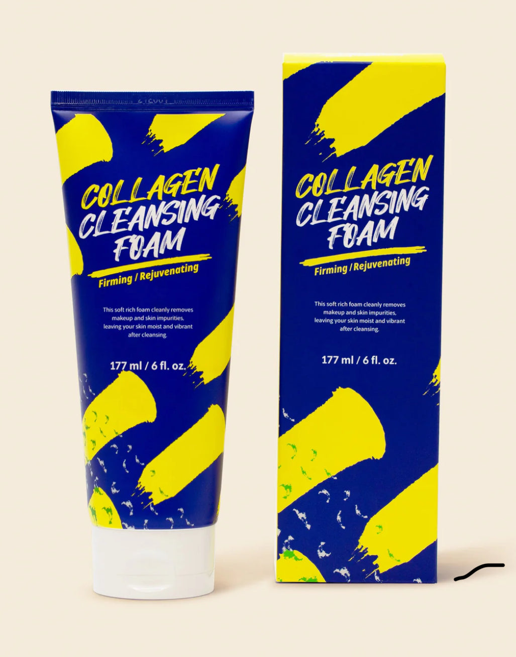 Collagen cleansing foam tube and packaging with blue and yellow design on a beige background