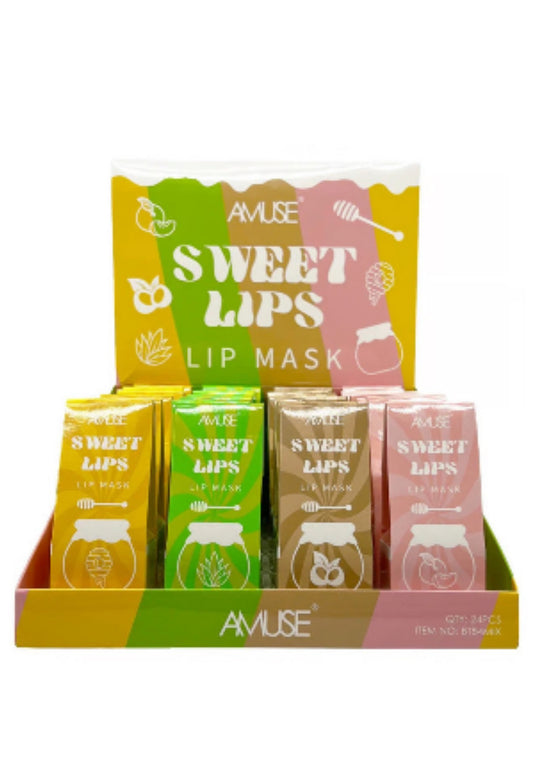 Display of 'Sweet Lips' lip mask packaging with yellow and pink designs.