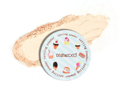 Setting powder with KEUN & COCO packaging on a white background