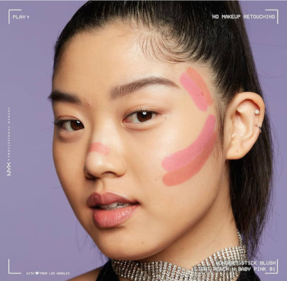 Woman with makeup blush on a purple background