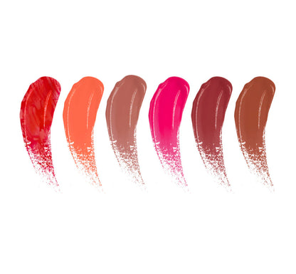 Set of six lip color swatches in red, orange, and brown shades on a white background