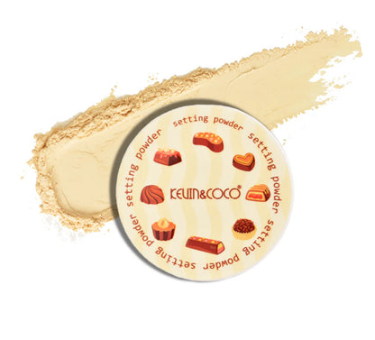 Kevin & Coco setting powder compact with a swatch of powder on a white background