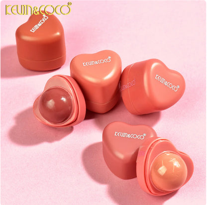 Heart-shaped lip and cheek colors with 'Kevin & Coco' branding on a pink background