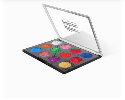 Colorful makeup palette with a clear lid on a white background