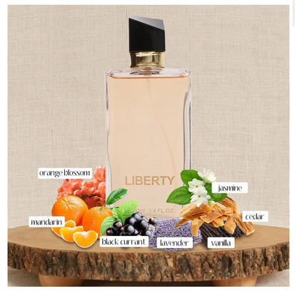 Perfume bottle labeled with scents on a wooden stand against a beige background