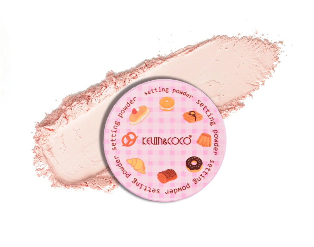 Setting powder with a visible kevin & coco brand label on a white background