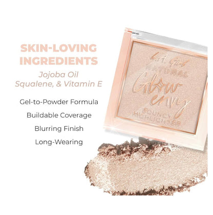 Highlighter product with skin-loving ingredients and features on a white background