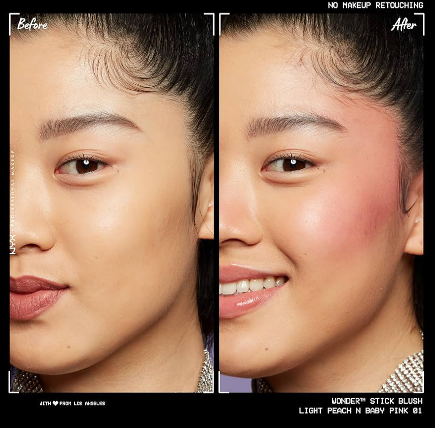 Before and after product retouching of a woman's face with blush application.