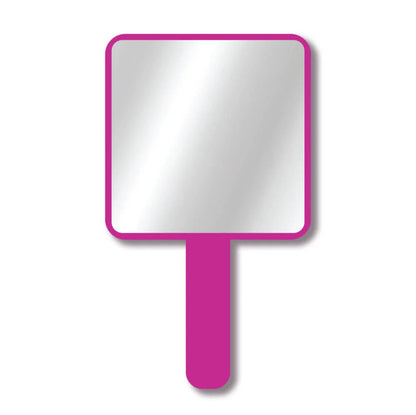 Handheld mirror with a pink handle and frame on a white background