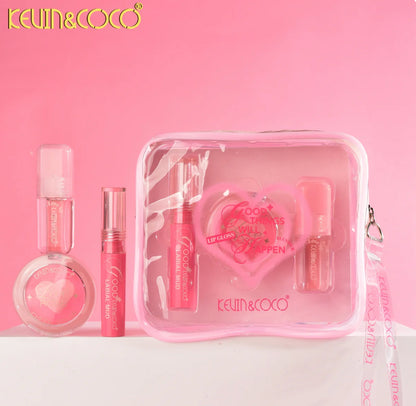 Pink cosmetic set with KEVIN & COCO branding on a pink background