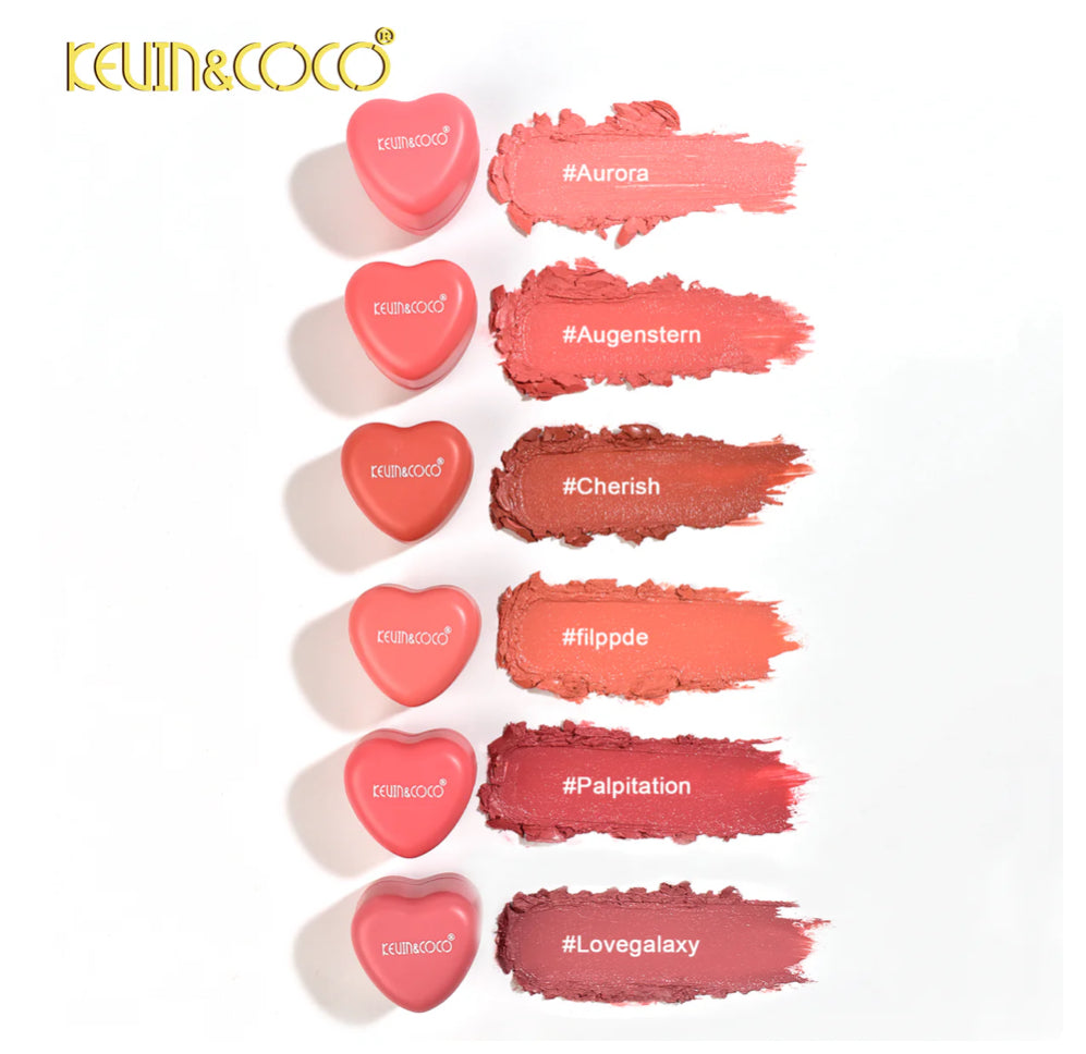 Set of KEVIN&COCO lip and cheek color products with swatches and names on a white background